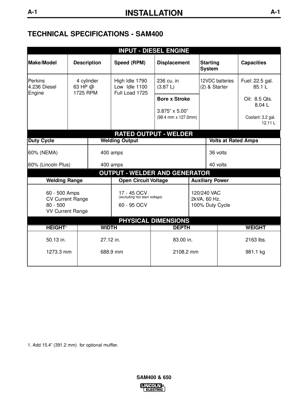 Lincoln Electric SAM650 manual Installation, Technical Specifications SAM400, HEIGHT1 Width Depth Weight 