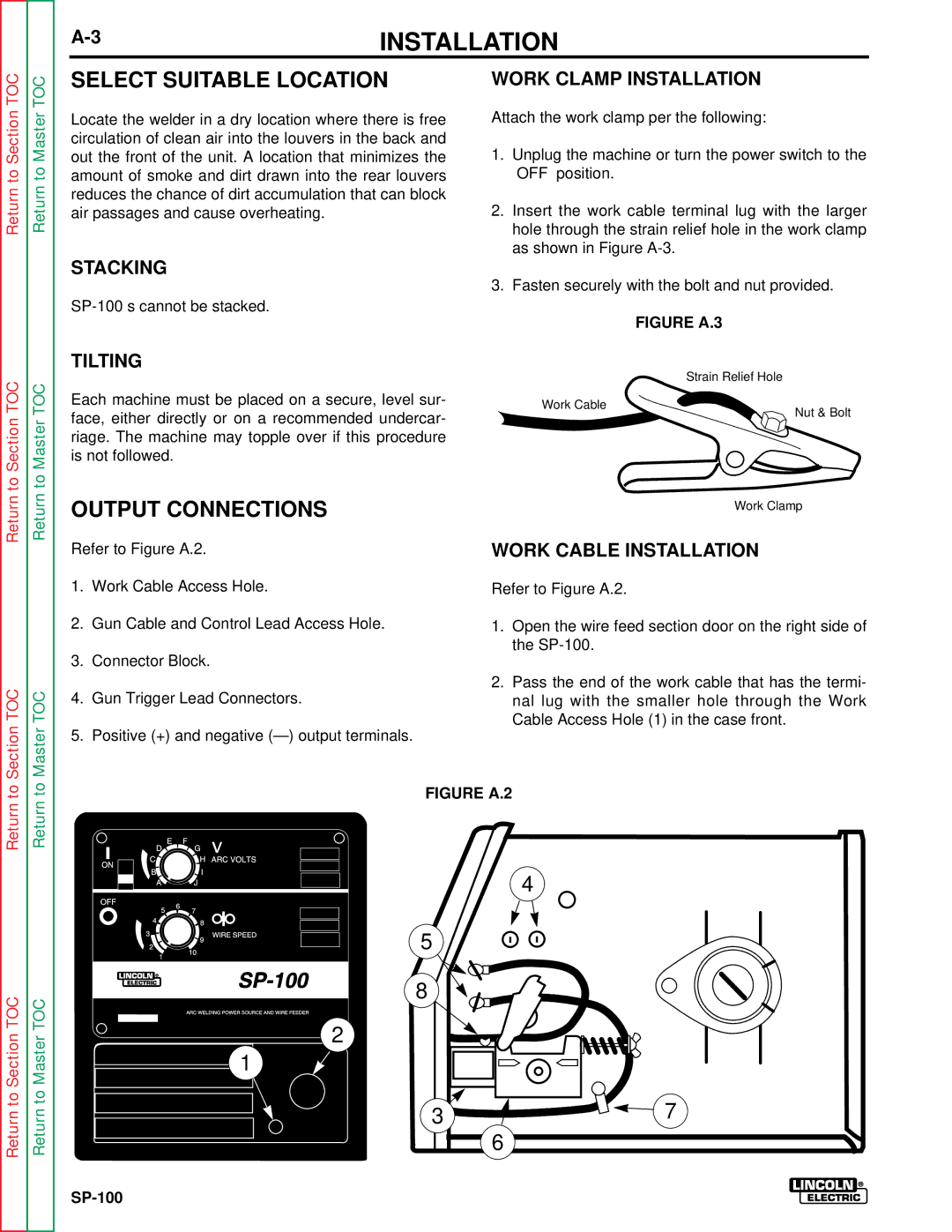 Lincoln Electric SP-100 service manual Select Suitable Location, Output Connections, Work Clamp Installation, Tilting 