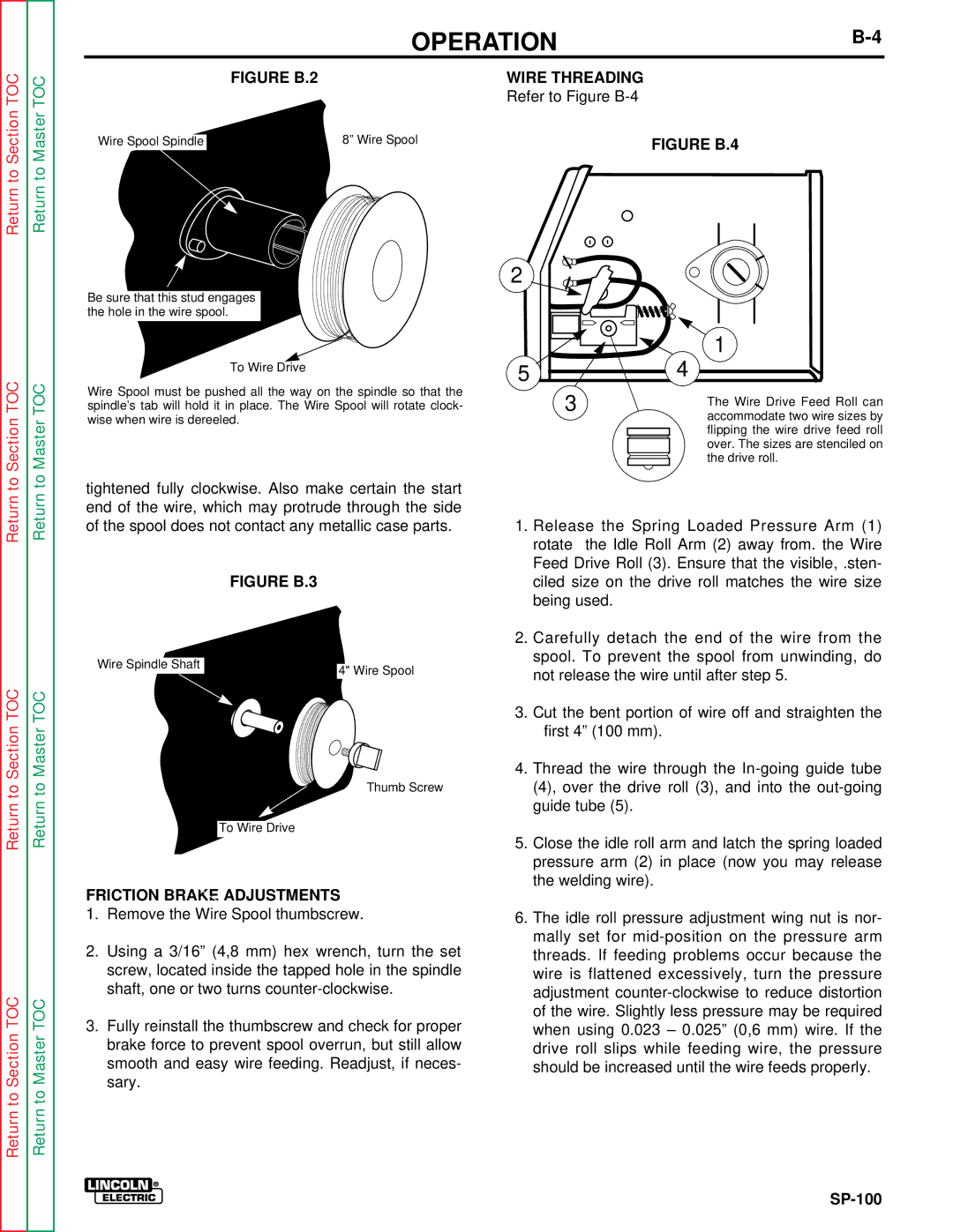 Lincoln Electric SP-100 service manual Refer to Figure B-4, Friction Brake Adjustments 