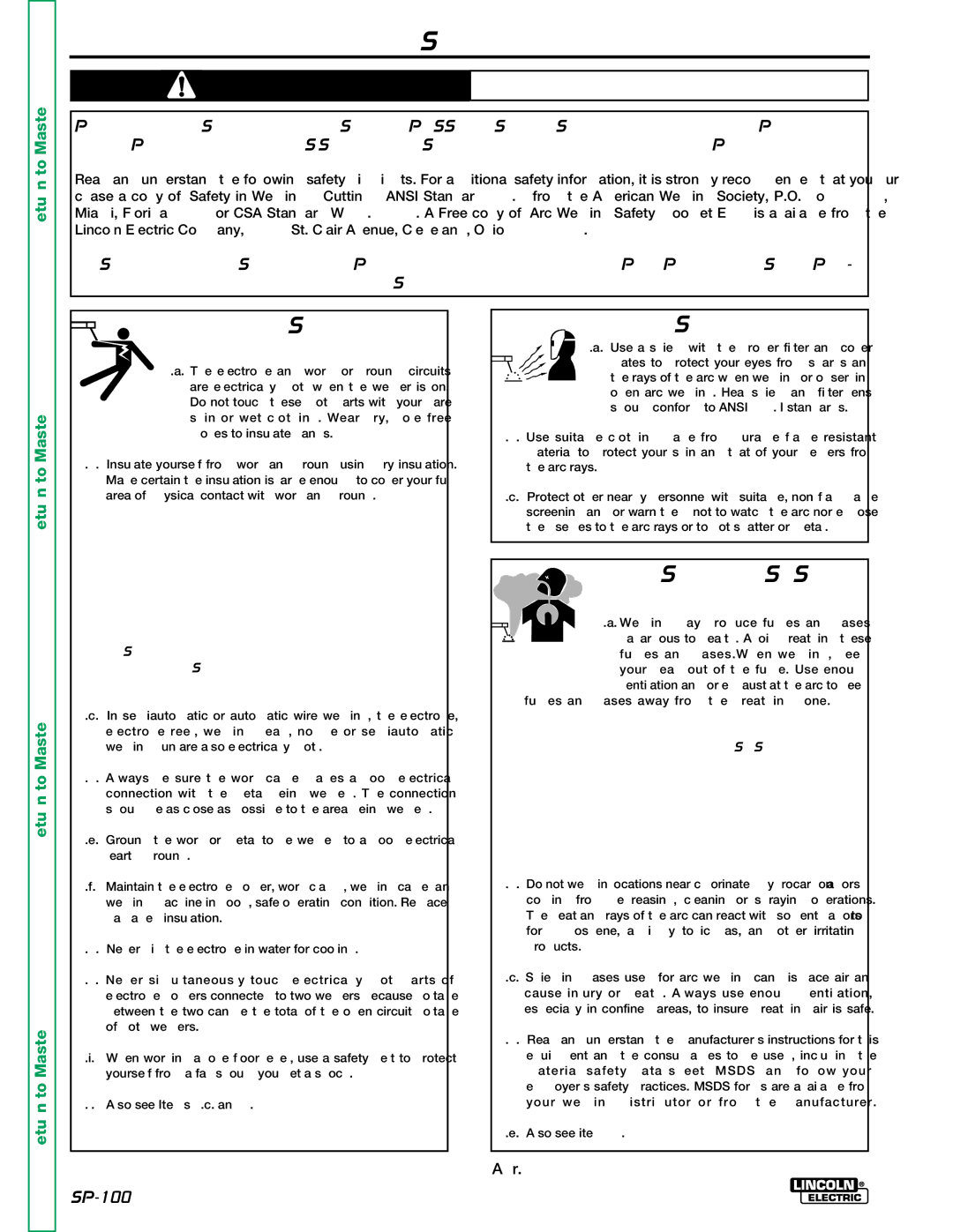 Lincoln Electric SP-100 service manual Safety, Electric Shock can kill, ARC Rays can burn, Fumes and Gases can be dangerous 