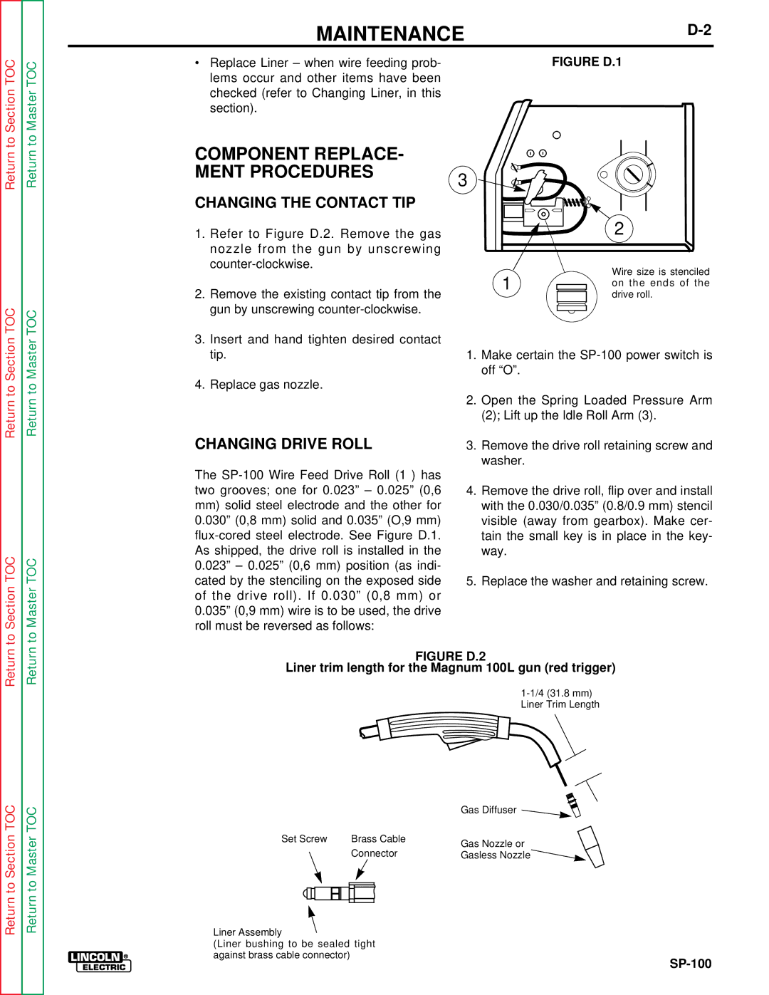 Lincoln Electric SP-100 service manual Changing the Contact TIP, Changing Drive Roll 