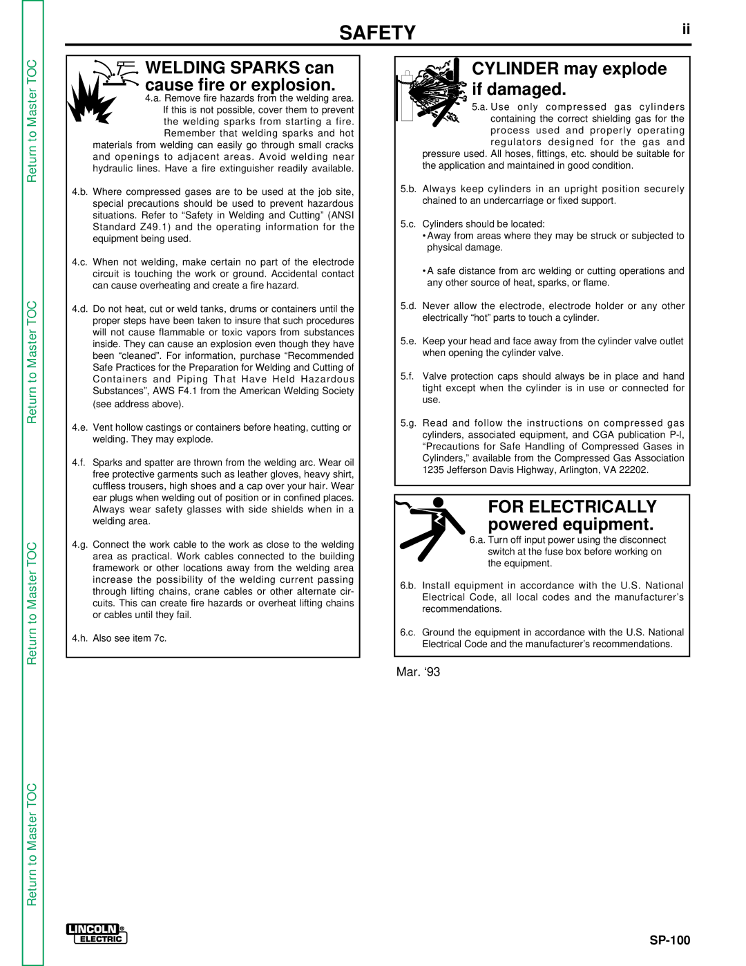 Lincoln Electric SP-100 service manual Cylinder may explode if damaged, Welding Sparks can cause fire or explosion 