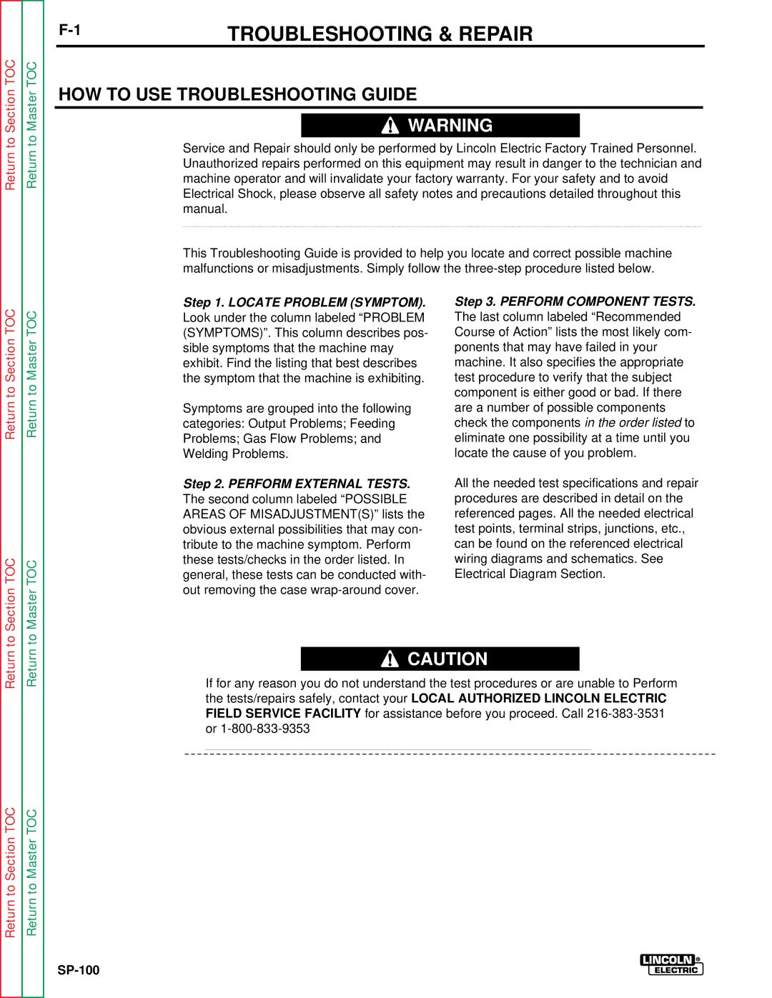 Lincoln Electric SP-100 service manual 1TROUBLESHOOTING & Repair, HOW to USE Troubleshooting Guide 