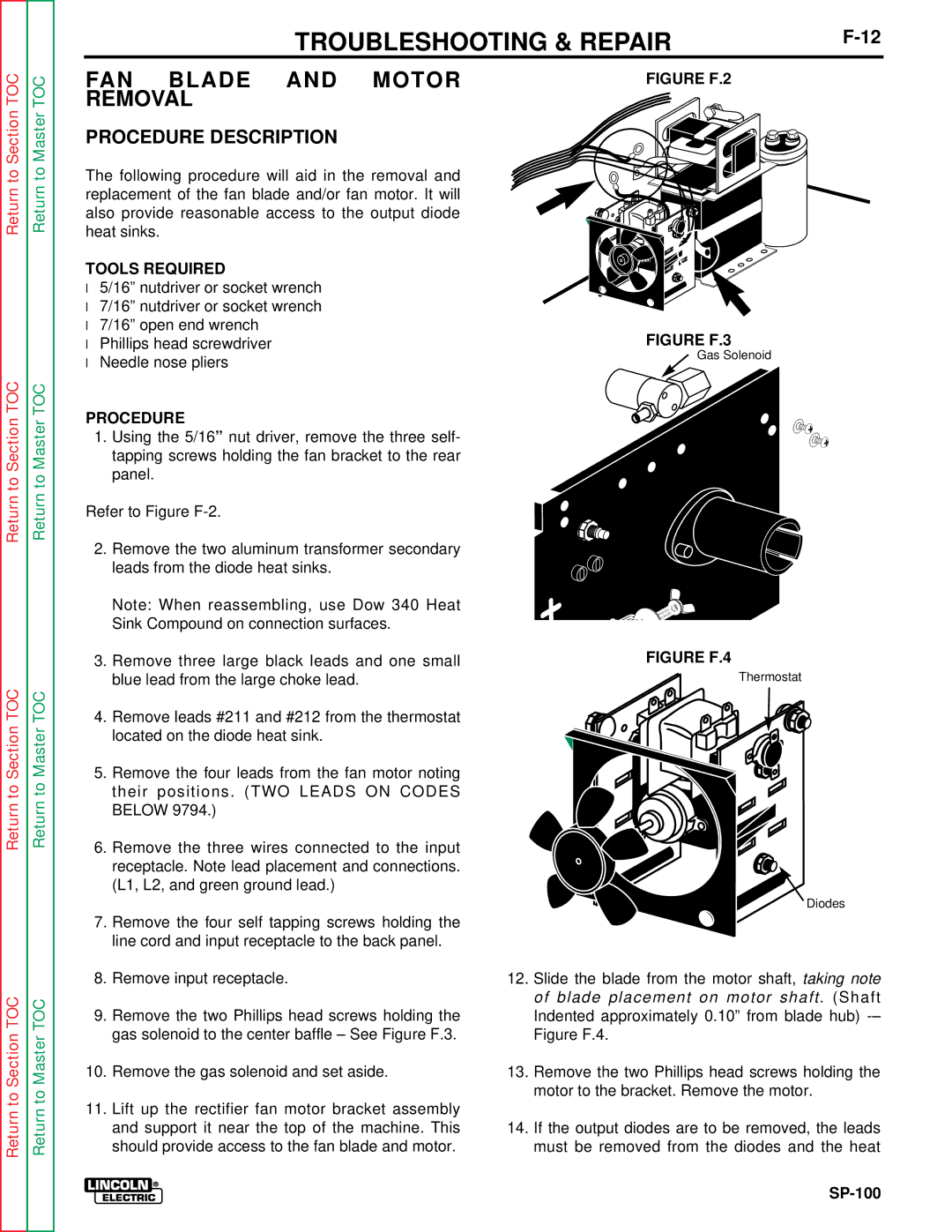 Lincoln Electric SP-100 service manual FAN Blade and Motor Removal, Procedure Description, Tools Required 