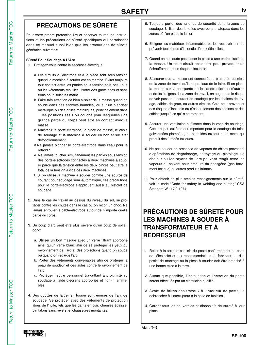 Lincoln Electric SP-100 service manual Précautions DE Sûreté, Sûreté Pour Soudage a L’Arc 