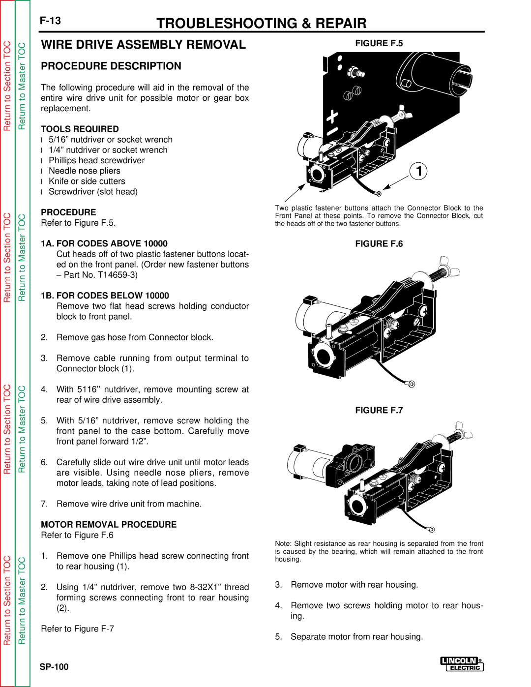 Lincoln Electric SP-100 Wire Drive Assembly Removal, 1A. for Codes Above, 1B. for Codes below, Motor Removal Procedure 