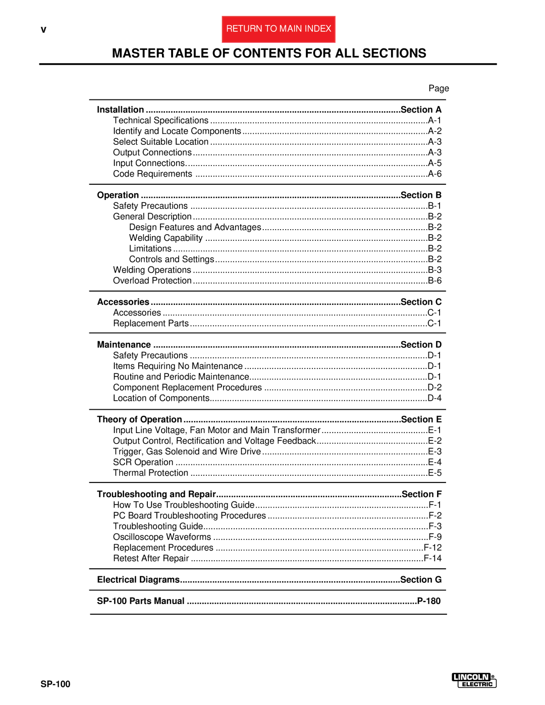 Lincoln Electric SP-100 service manual Master Table of Contents for ALL Sections 