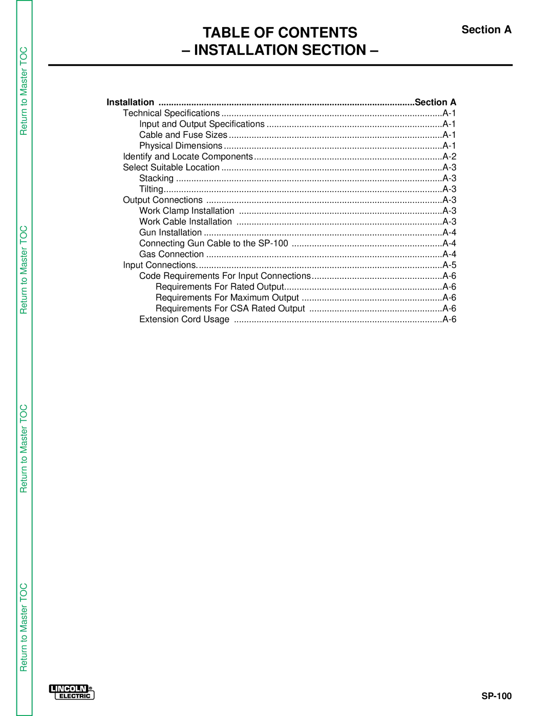 Lincoln Electric SP-100 service manual Table of Contents, Installation Section 