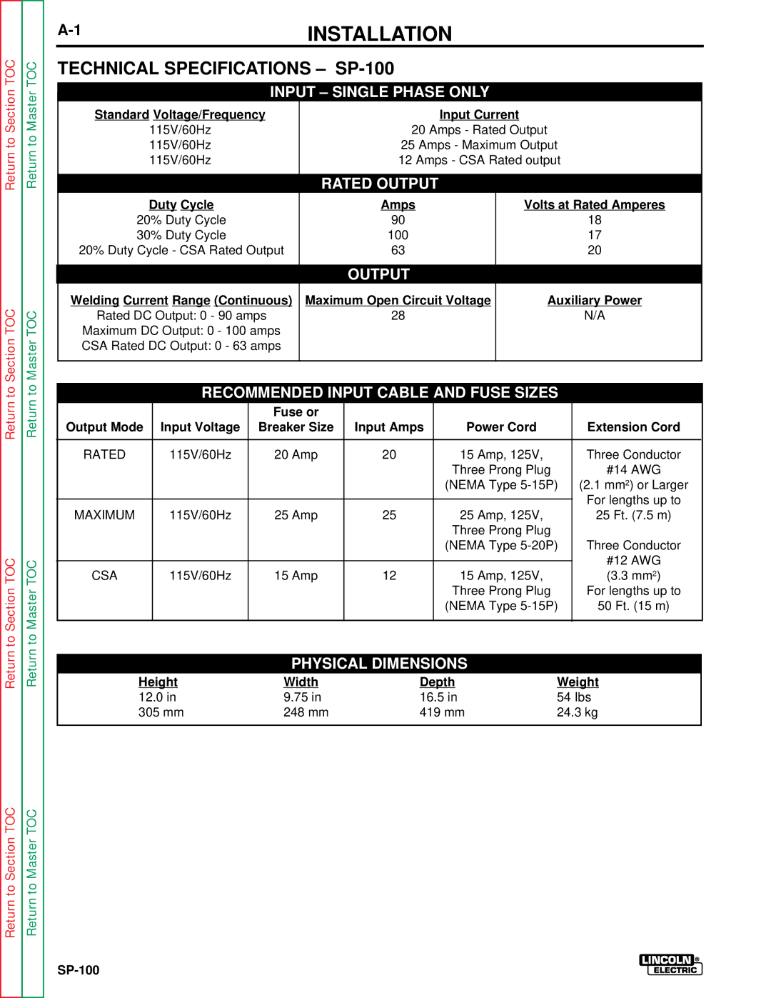 Lincoln Electric service manual Installation, Technical Specifications SP-100 