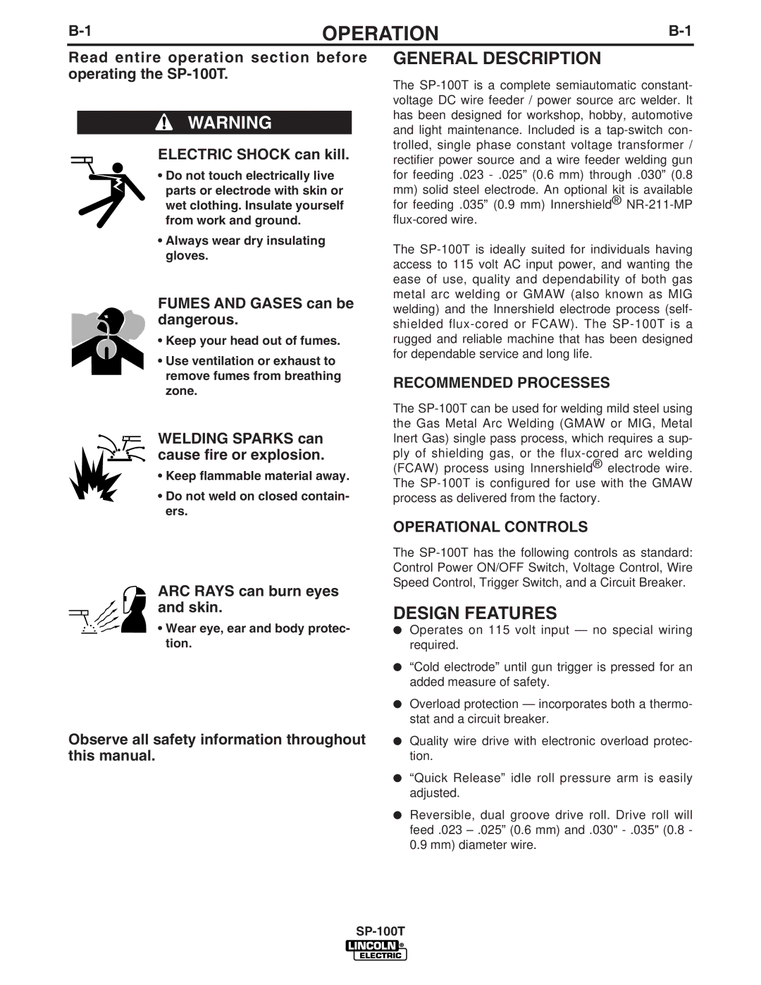 Lincoln Electric SP-100T manual General Description, Design Features, Recommended Processes, Operational Controls 