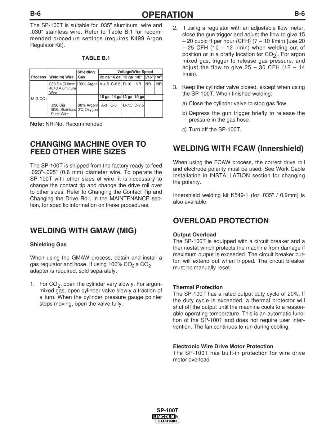 Lincoln Electric SP-100T manual Changing Machine Over to Feed Other Wire Sizes, Welding with Gmaw MIG, Overload Protection 