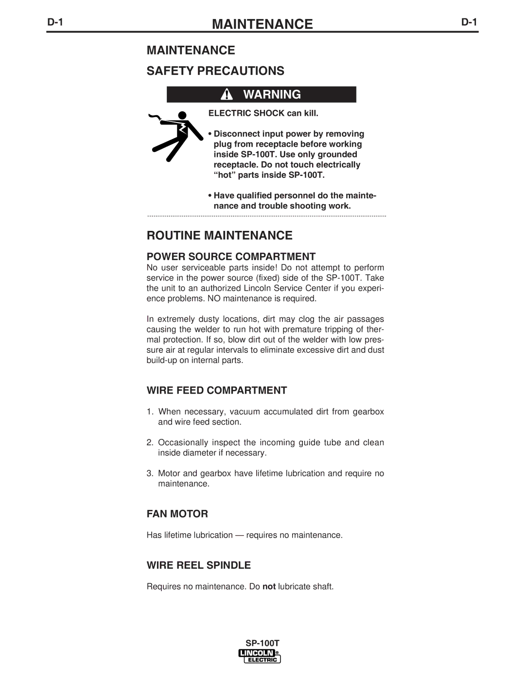 Lincoln Electric SP-100T manual Maintenance Safety Precautions, Routine Maintenance 