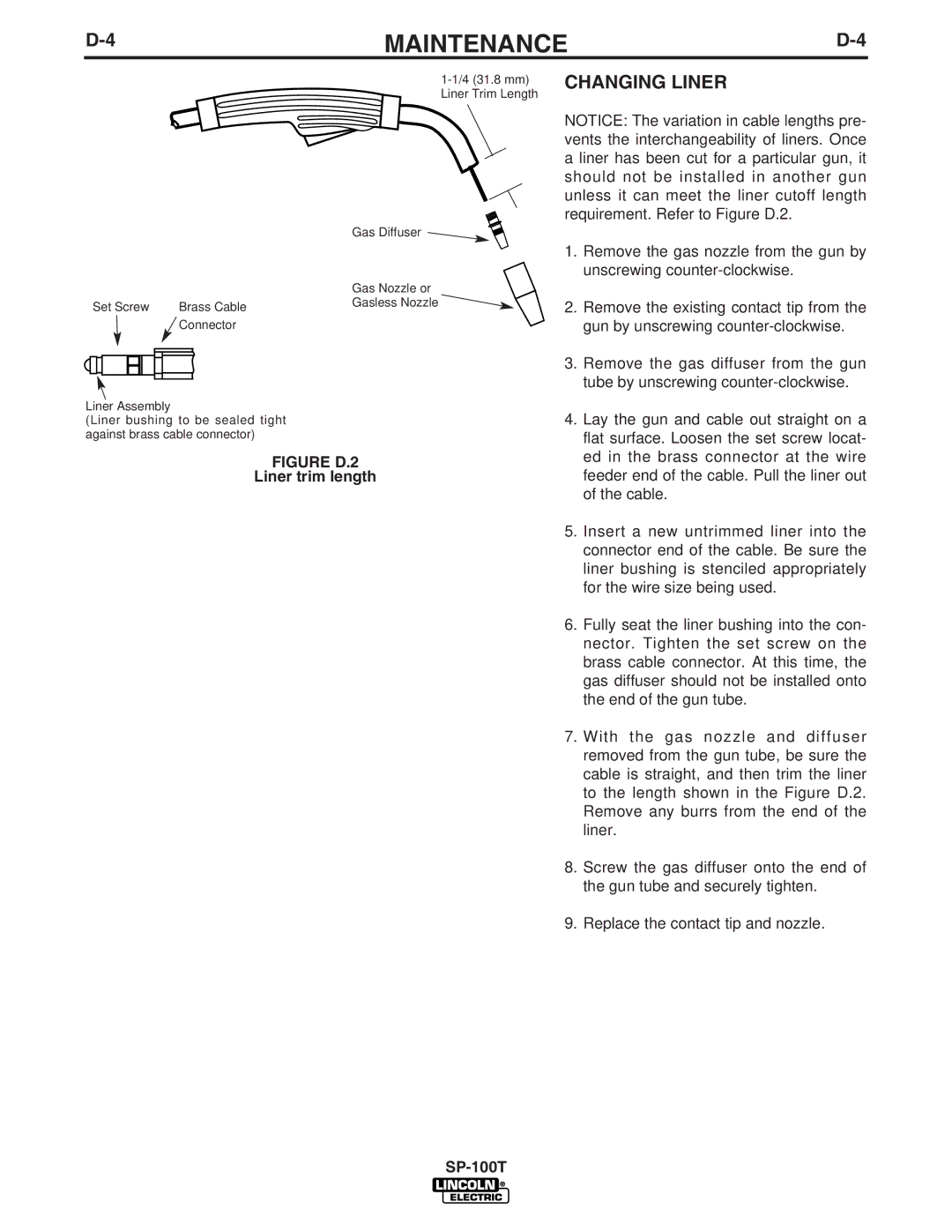 Lincoln Electric SP-100T manual Changing Liner, Liner trim length 