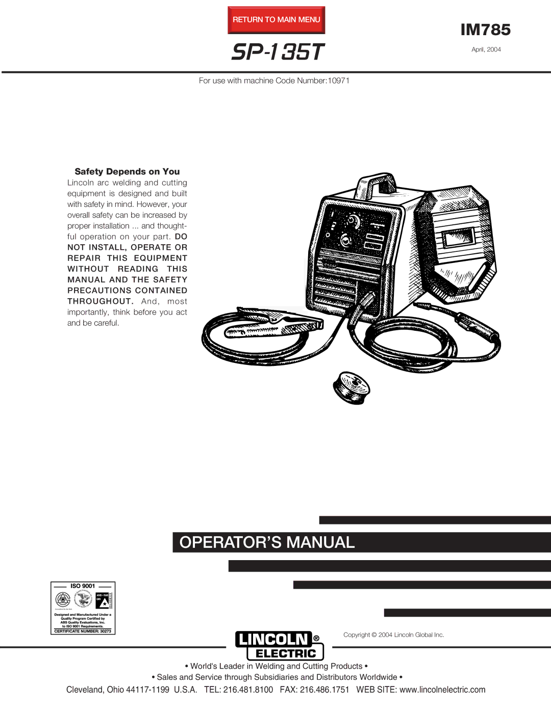 Lincoln Electric SP-135T manual 