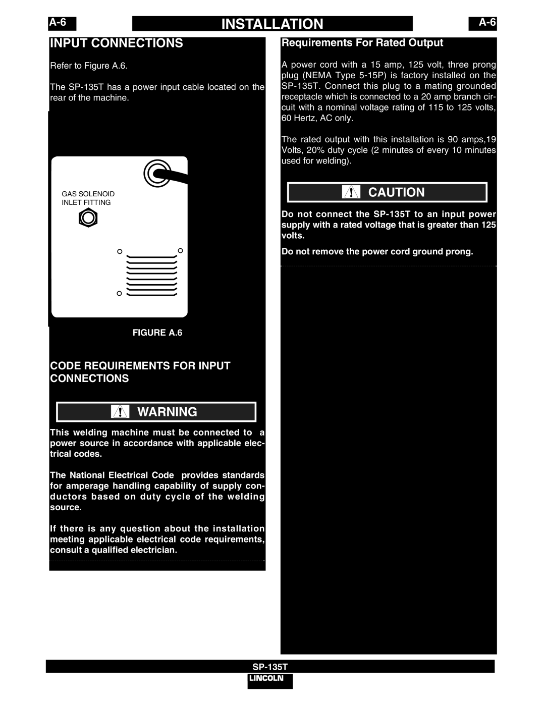 Lincoln Electric SP-135T manual Code Requirements for Input Connections, Requirements For Rated Output 