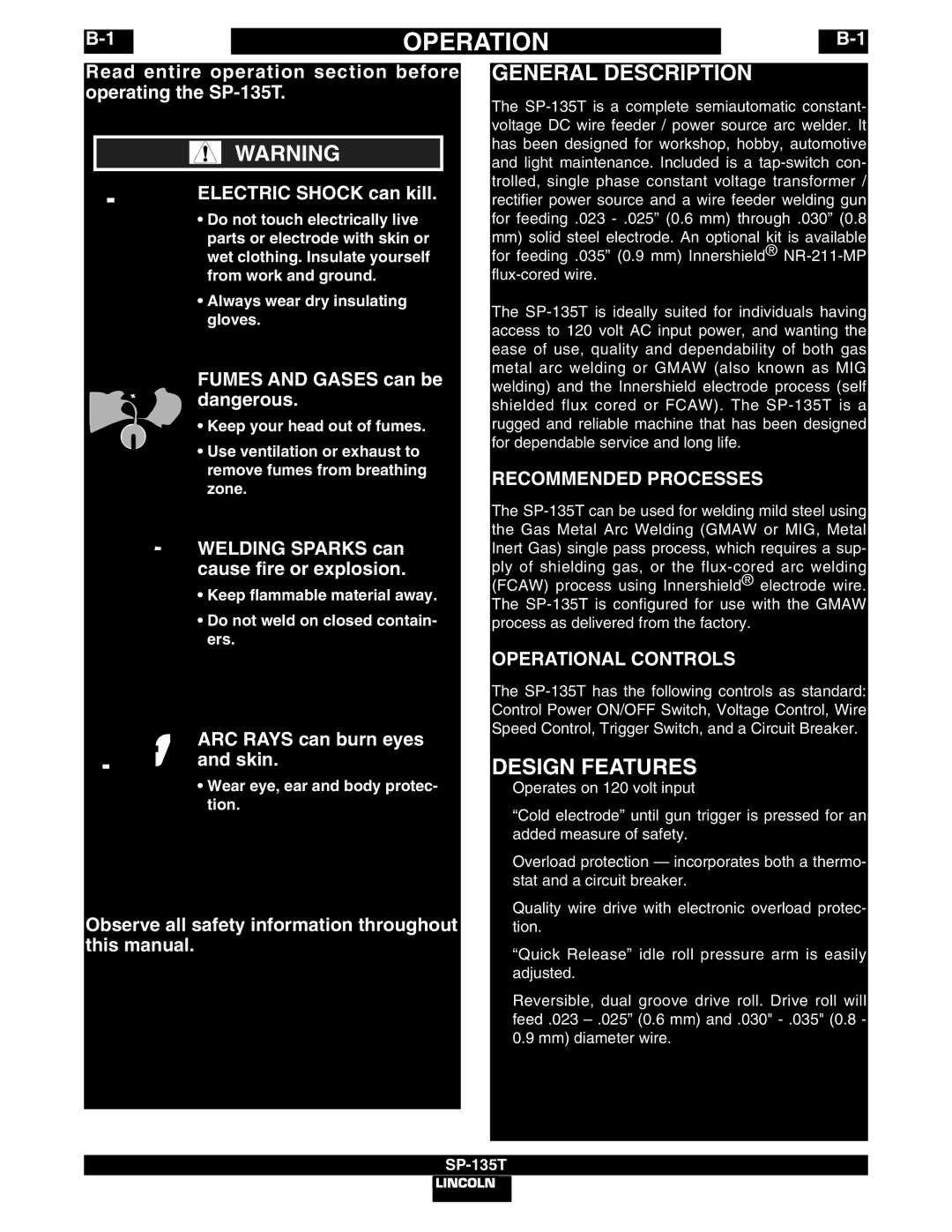 Lincoln Electric SP-135T manual General Description, Design Features, Recommended Processes, Operational Controls 