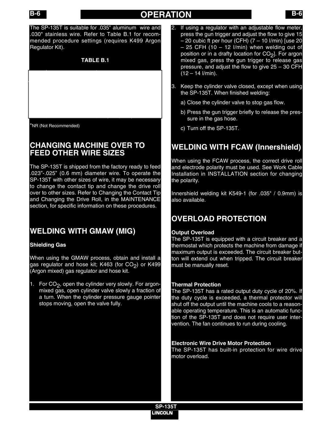 Lincoln Electric SP-135T manual Changing Machine Over to Feed Other Wire Sizes, Welding with Gmaw MIG, Overload Protection 