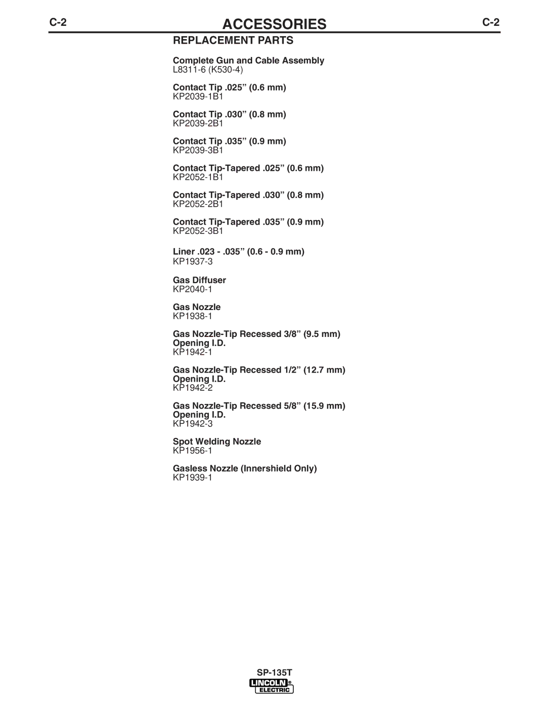 Lincoln Electric SP-135T manual 2ACCESSORIESC-2, Replacement Parts 