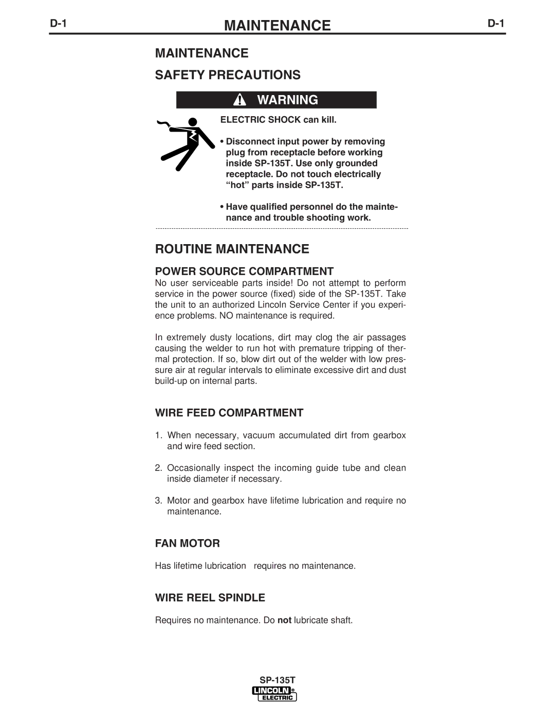 Lincoln Electric SP-135T manual Maintenance Safety Precautions, Routine Maintenance 