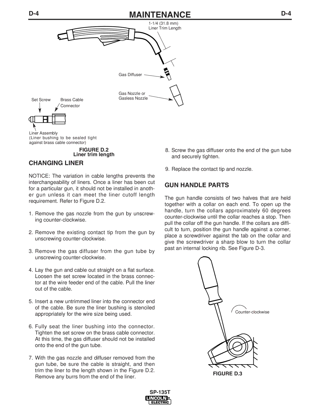 Lincoln Electric SP-135T manual Changing Liner, GUN Handle Parts, Liner trim length 