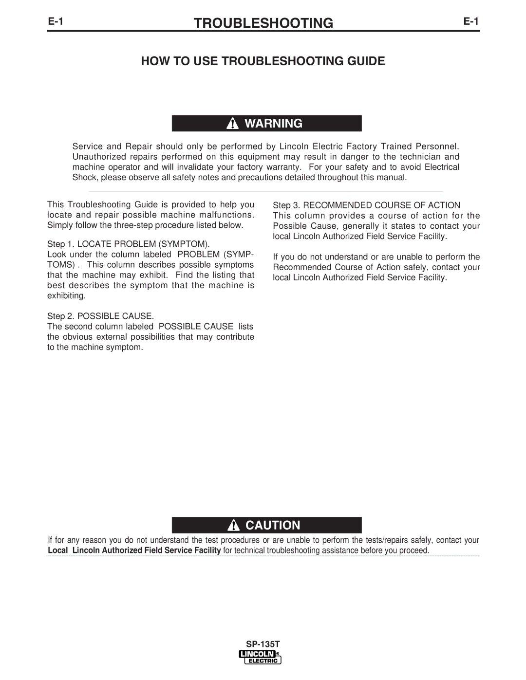 Lincoln Electric SP-135T manual HOW to USE Troubleshooting Guide 