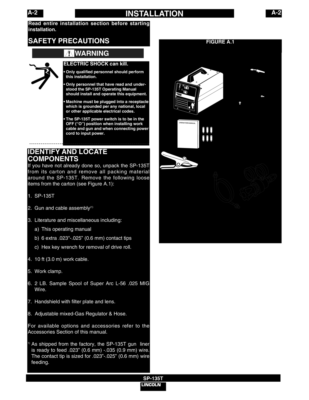 Lincoln Electric SP-135T manual Safety Precautions, Identify and Locate Components, Electric Shock can kill 