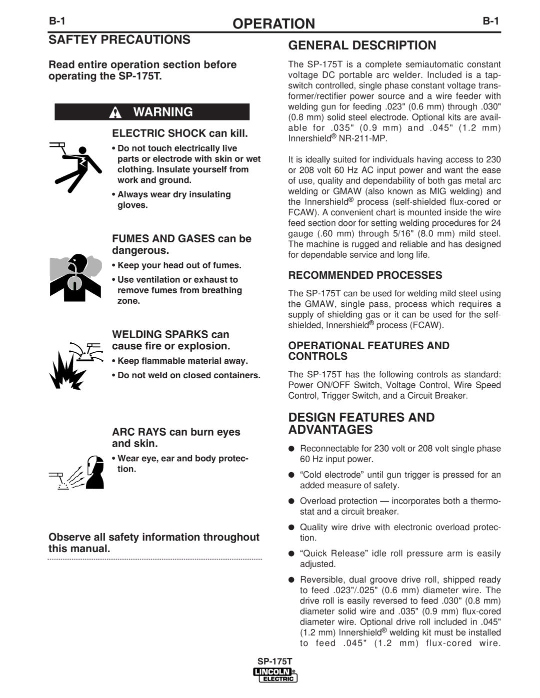 Lincoln Electric SP-175T manual Operation, Saftey Precautions, General Description, Design Features Advantages 