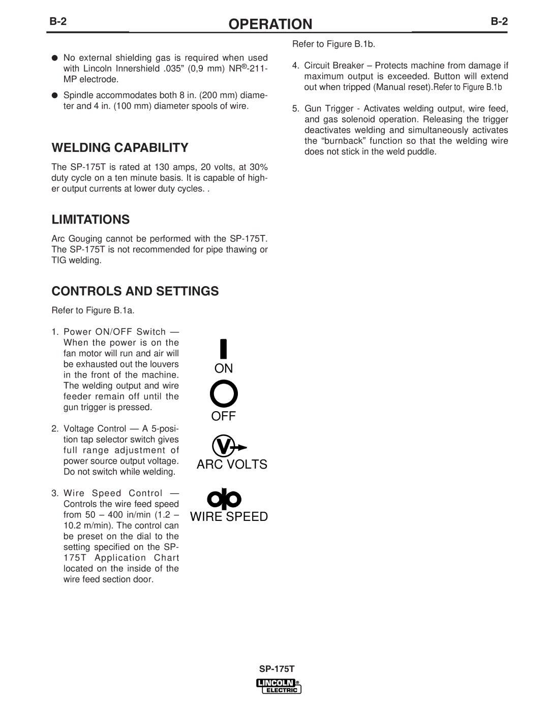 Lincoln Electric SP-175T manual Welding Capability, Limitations, Controls and Settings 