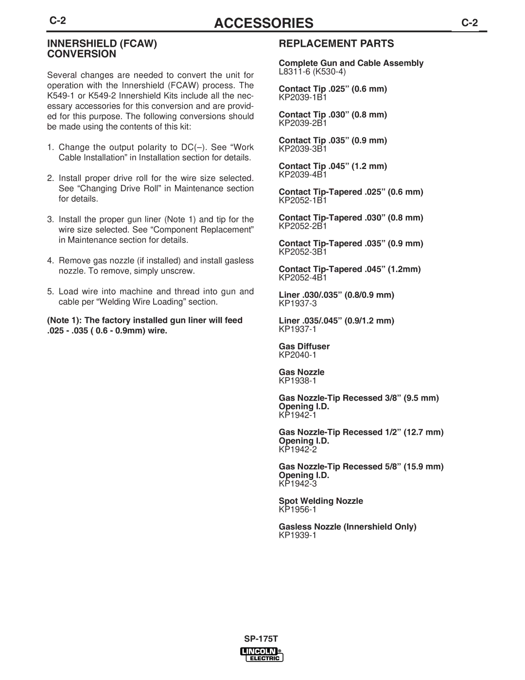 Lincoln Electric SP-175T manual Innershield Fcaw Conversion, Replacement Parts 