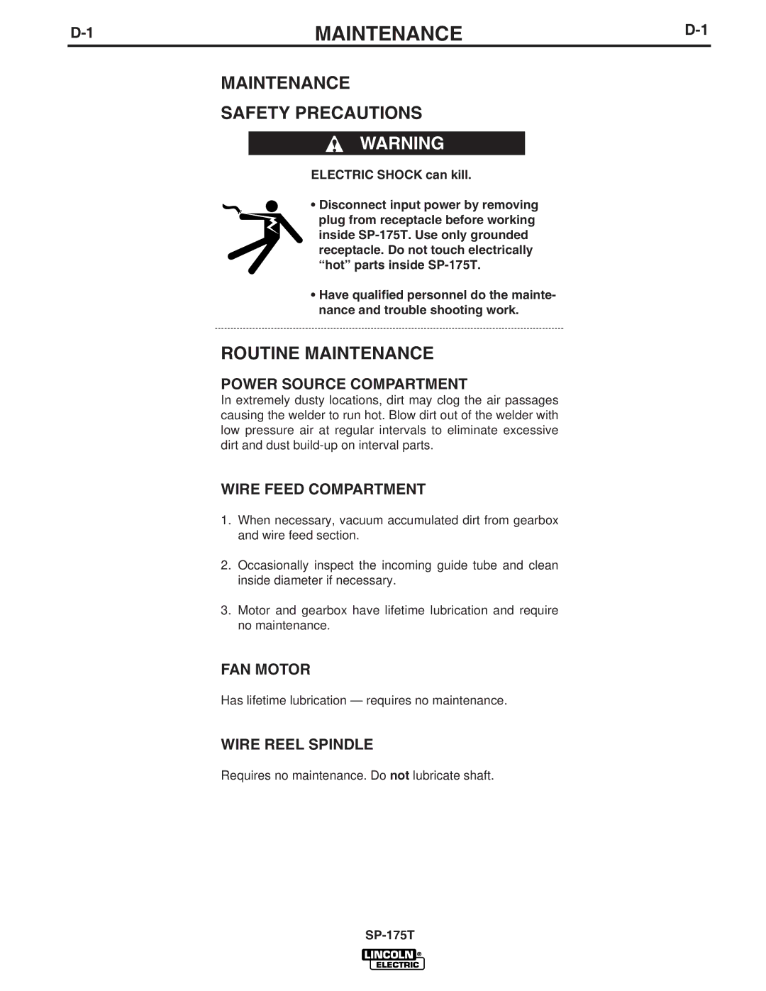 Lincoln Electric SP-175T manual Maintenance Safety Precautions, Routine Maintenance 