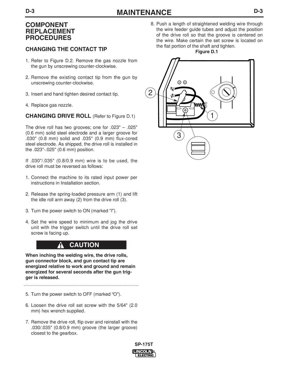 Lincoln Electric SP-175T manual Component Replacement Procedures, Changing the Contact TIP 