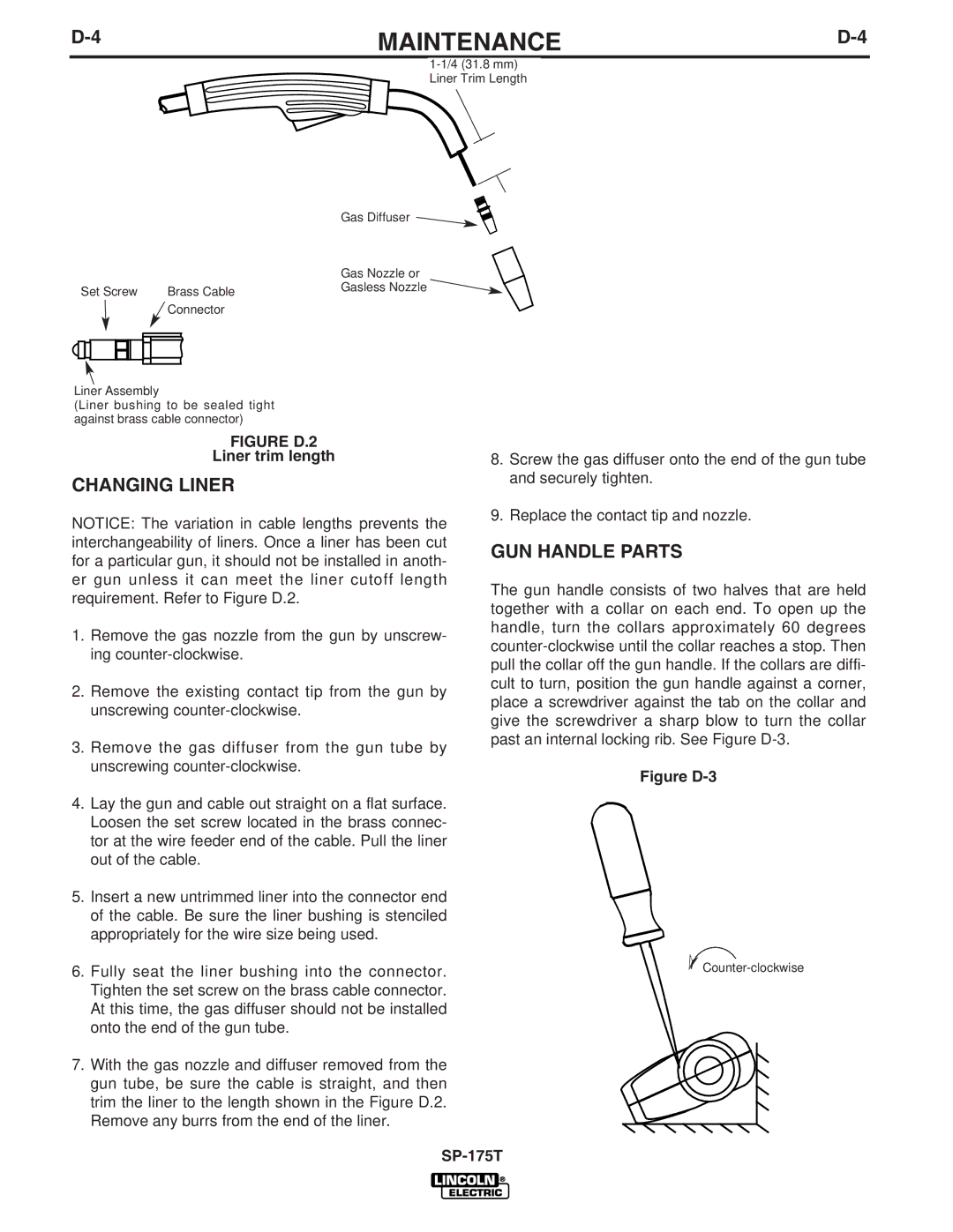 Lincoln Electric SP-175T manual Changing Liner, GUN Handle Parts, Liner trim length 