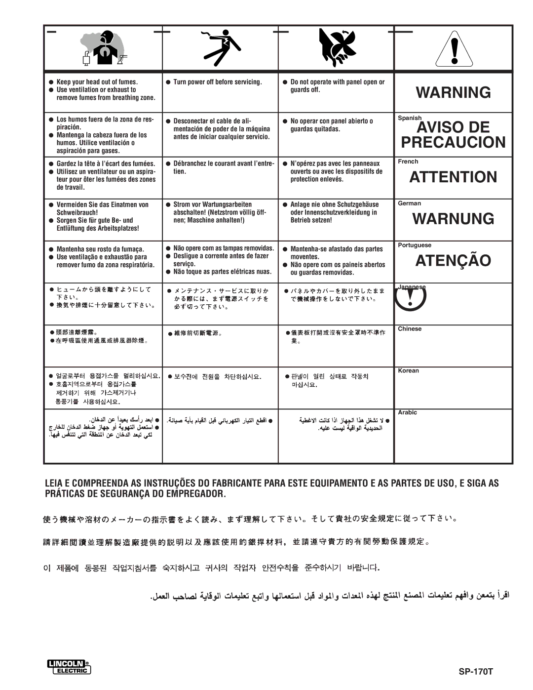 Lincoln Electric SP-175T manual Warnung 