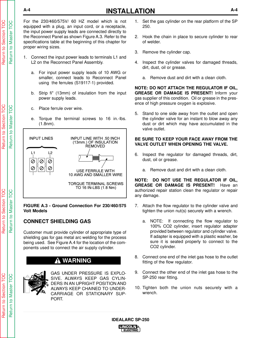 Lincoln Electric SP-250 service manual Connect Shielding GAS, Figure A.3 Ground Connection For 230/460/575 Volt Models 