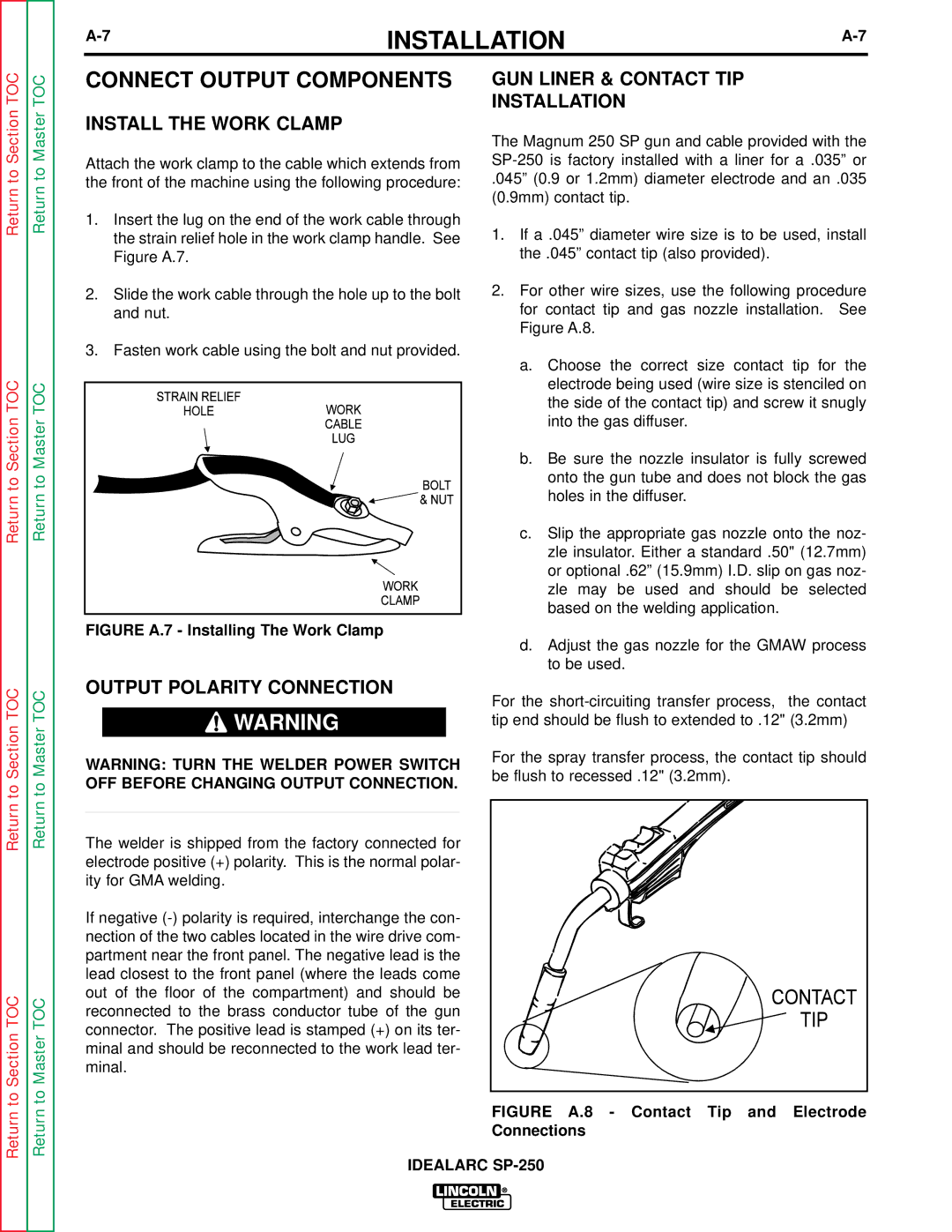 Lincoln Electric SP-250 Connect Output Components, GUN Liner & Contact TIP Installation, Install the Work Clamp 