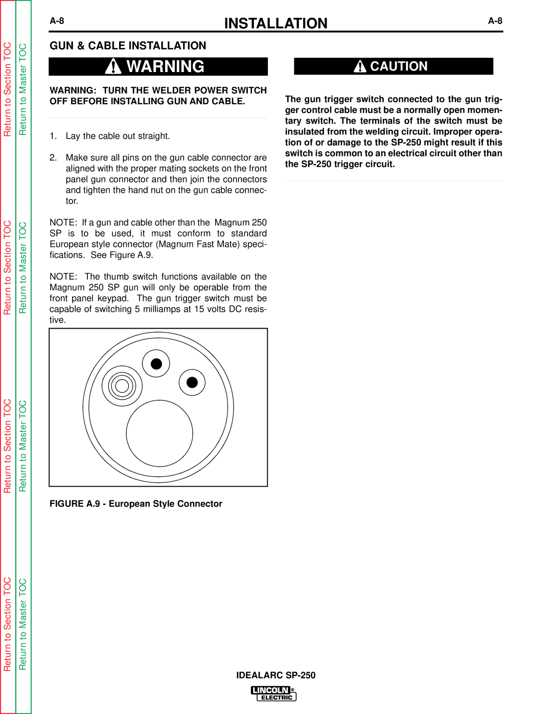 Lincoln Electric SP-250 service manual GUN & Cable Installation, Figure A.9 European Style Connector 