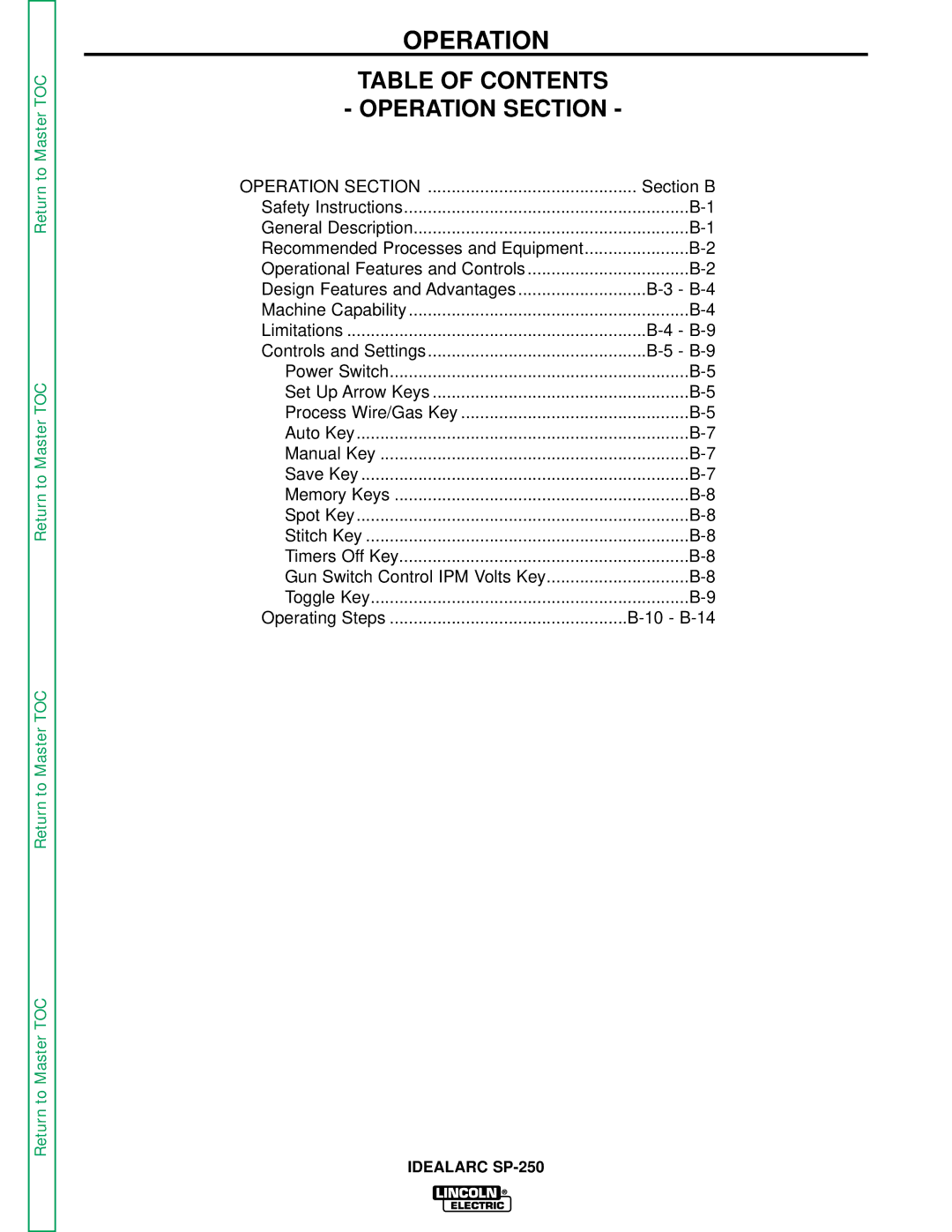 Lincoln Electric SP-250 service manual Operation 