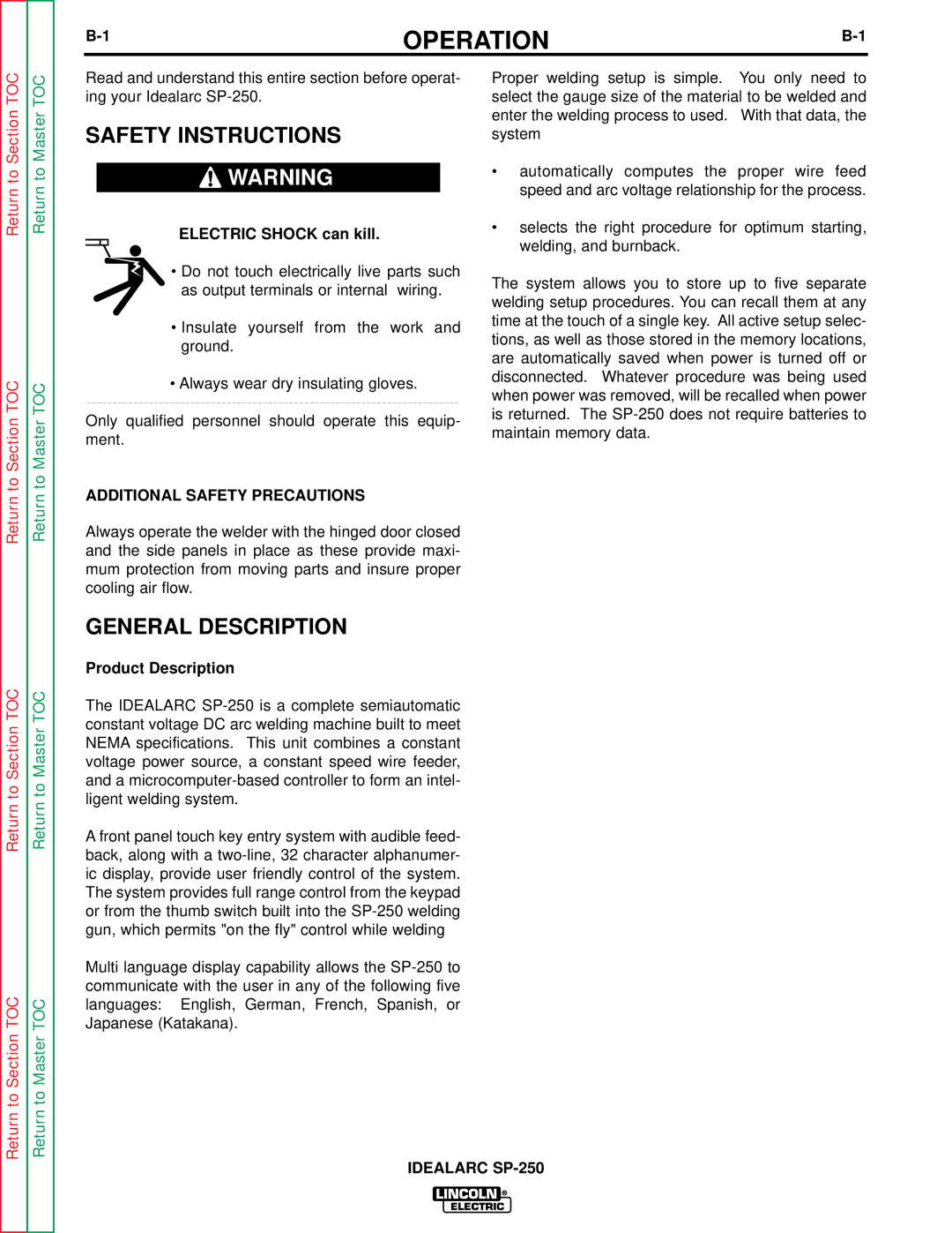 Lincoln Electric SP-250 Safety Instructions, General Description, Electric Shock can kill, Additional Safety Precautions 