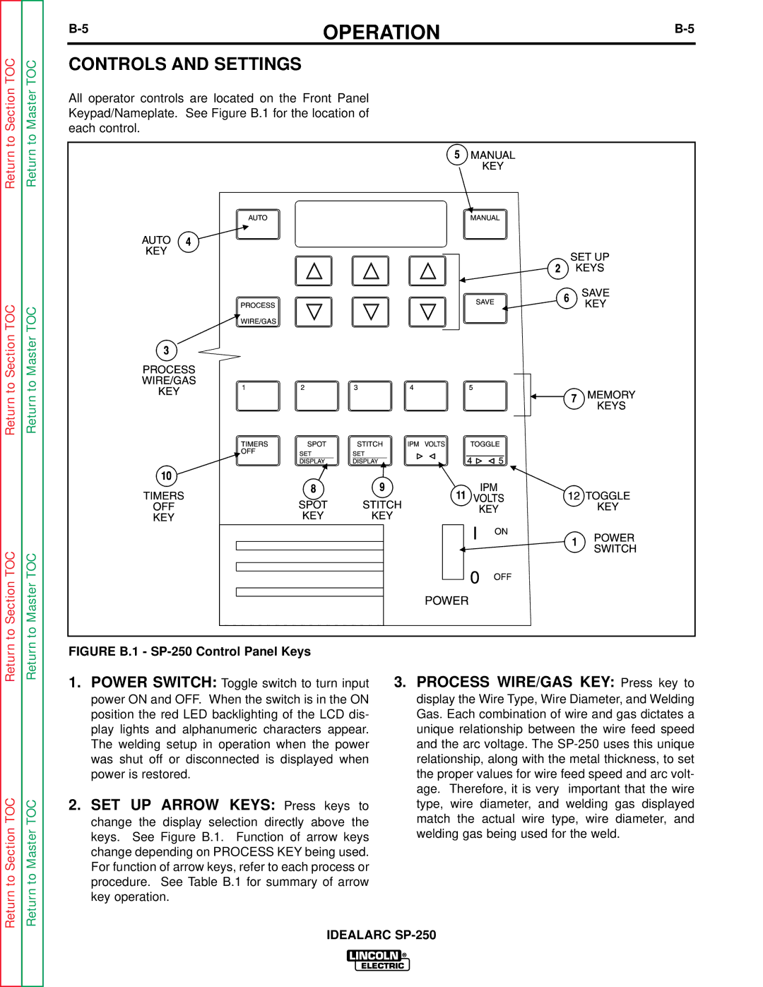 Lincoln Electric service manual Controls and Settings, Figure B.1 SP-250 Control Panel Keys 