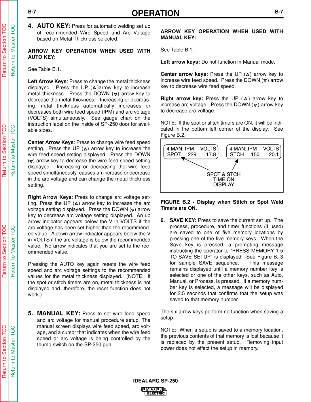 Lincoln Electric SP-250 Arrow KEY Operation When Used with Auto KEY, Arrow KEY Operation When Used with Manual KEY 