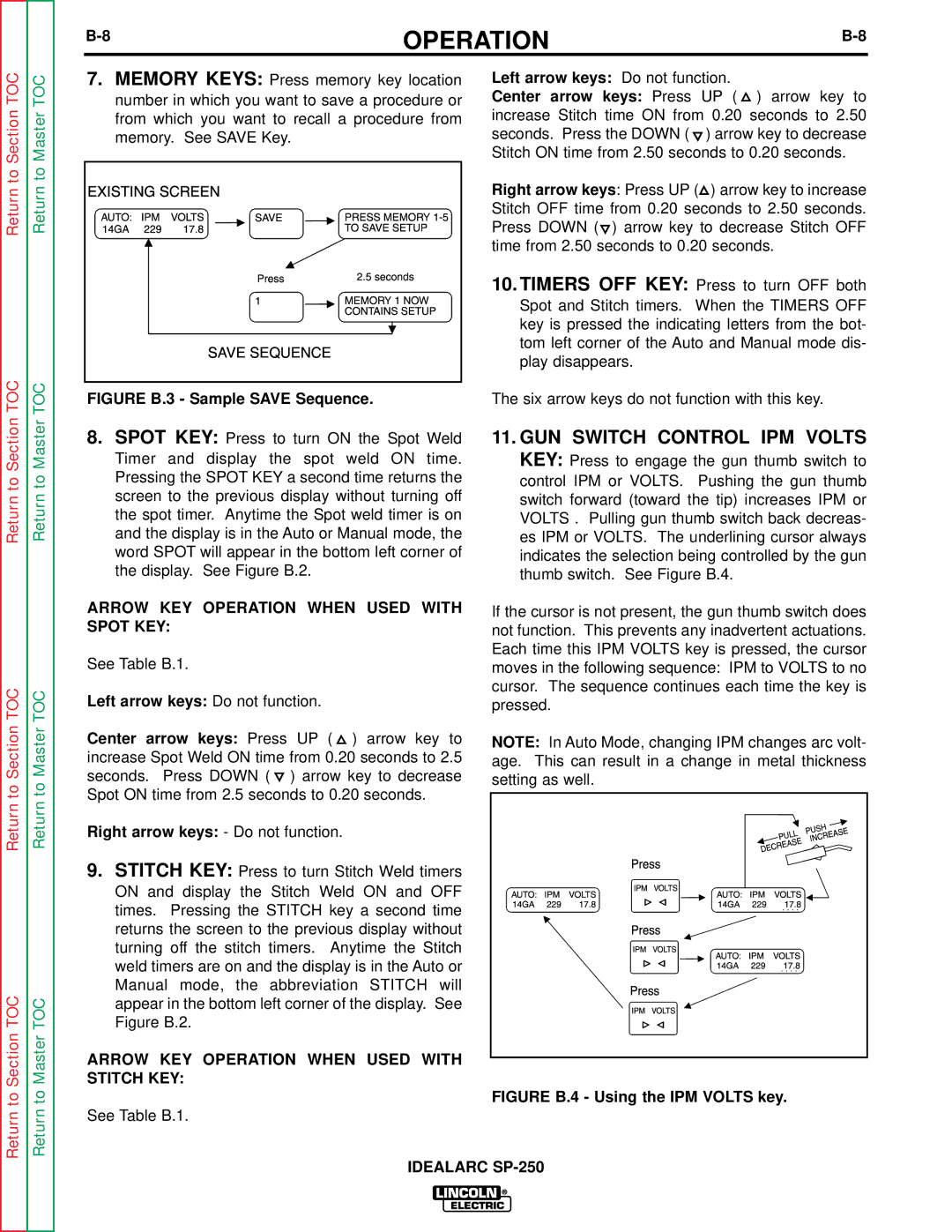 Lincoln Electric SP-250 service manual Arrow KEY Operation When Used with Spot KEY, Left arrow keys Do not function 