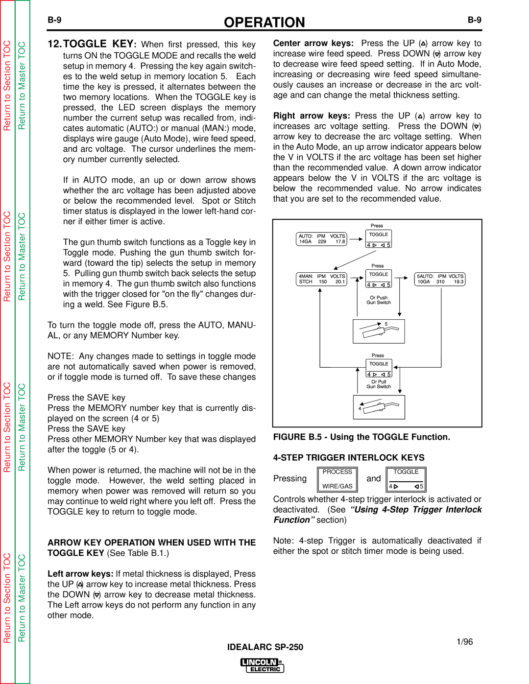 Lincoln Electric SP-250 service manual Figure B.5 Using the Toggle Function, Step Trigger Interlock Keys 