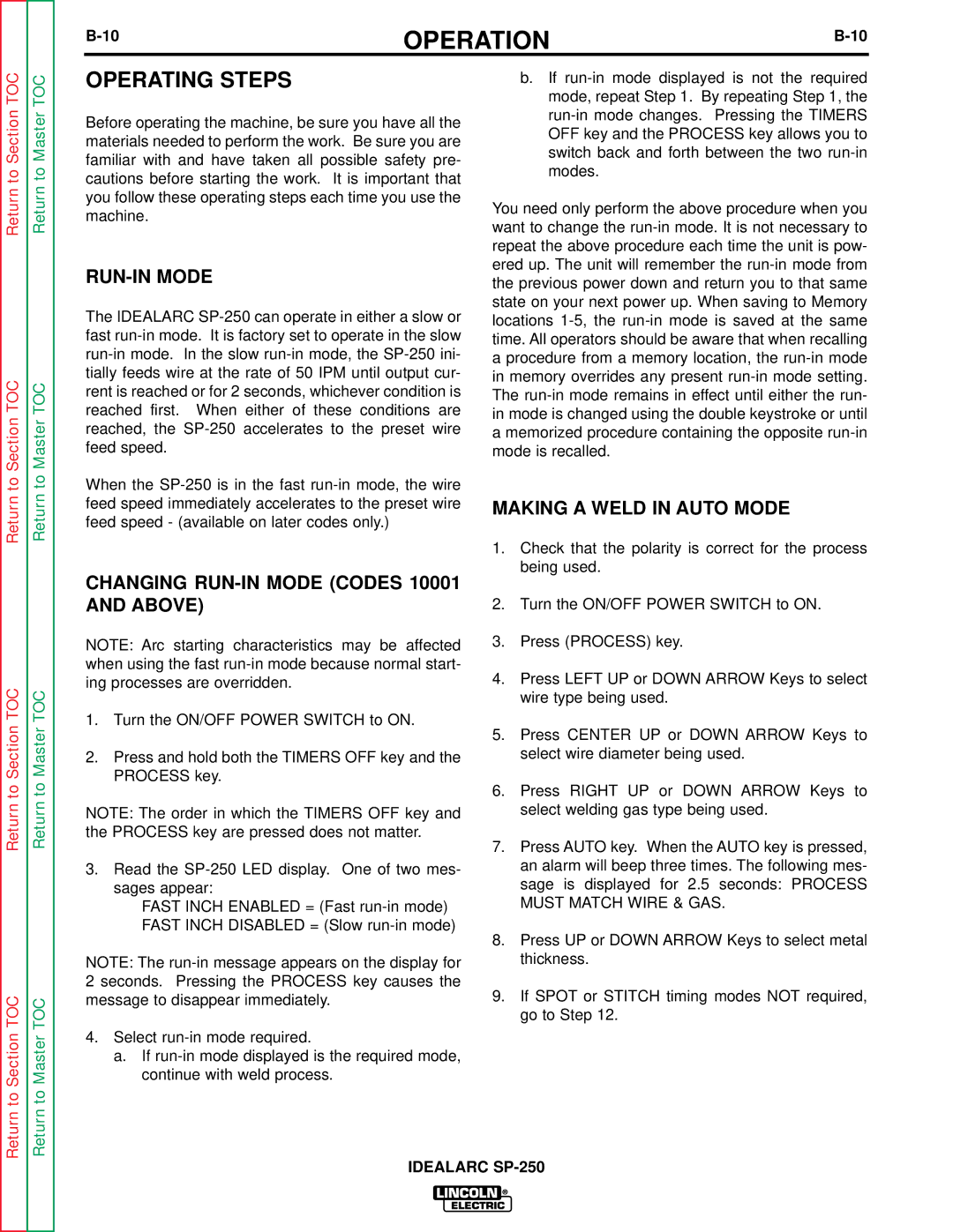 Lincoln Electric SP-250 Operating Steps, Changing RUN-IN Mode Codes 10001 and Above, Making a Weld in Auto Mode 