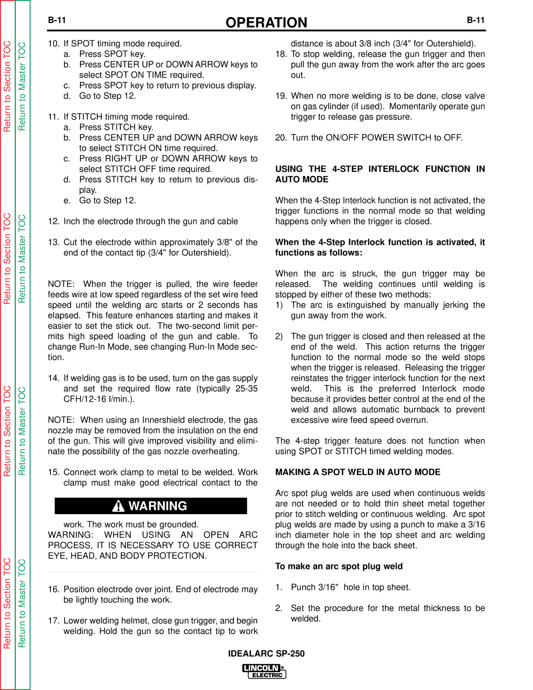 Lincoln Electric SP-250 service manual Using the 4-STEP Interlock Function in Auto Mode, Making a Spot Weld in Auto Mode 