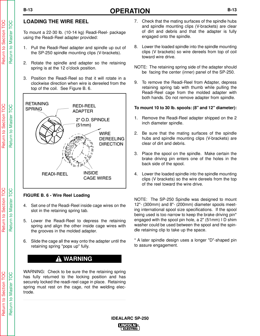 Lincoln Electric SP-250 service manual Loading the Wire Reel, To mount 10 to 30 lb. spools 8 and 12 diameter 