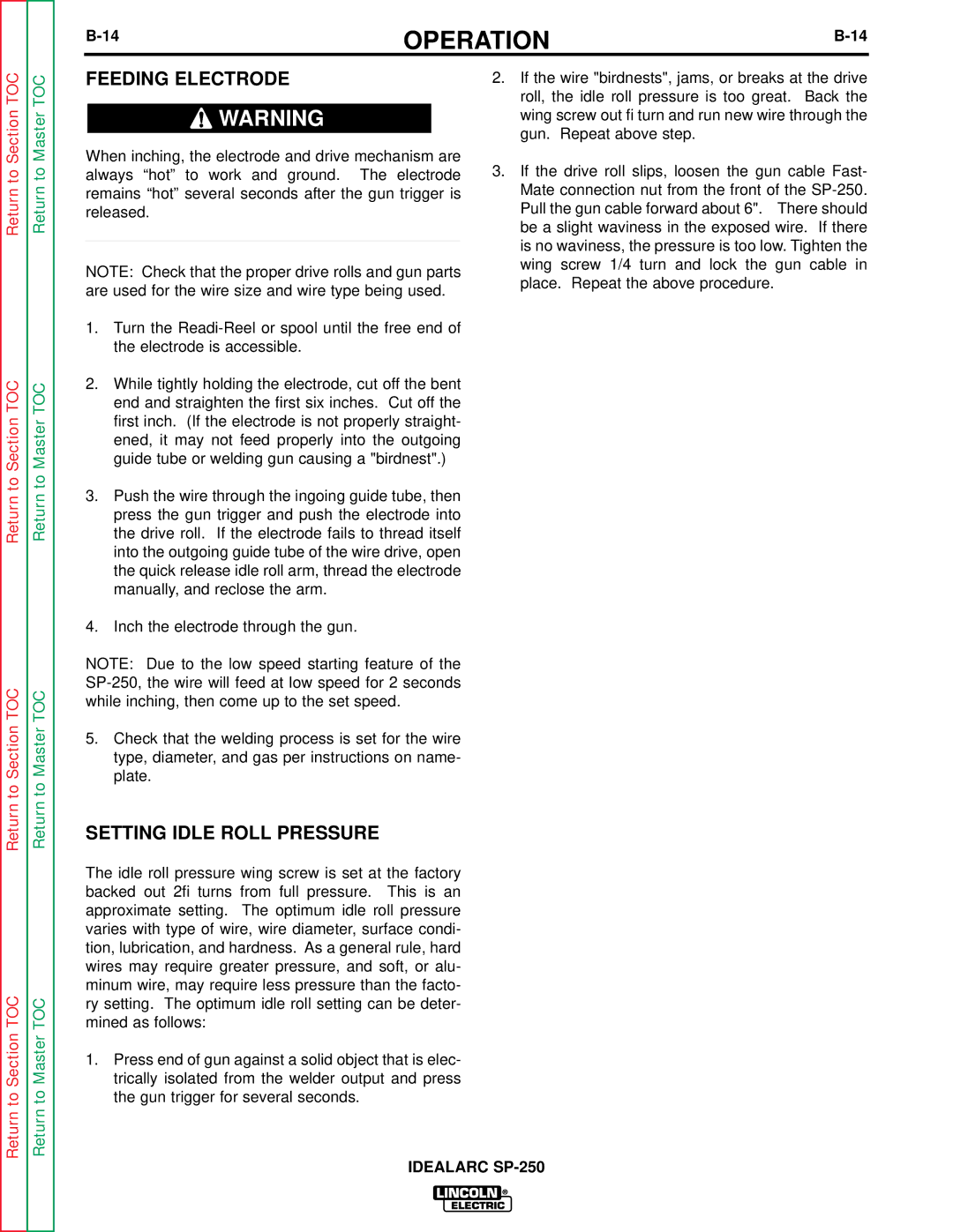 Lincoln Electric SP-250 service manual Feeding Electrode, Setting Idle Roll Pressure 