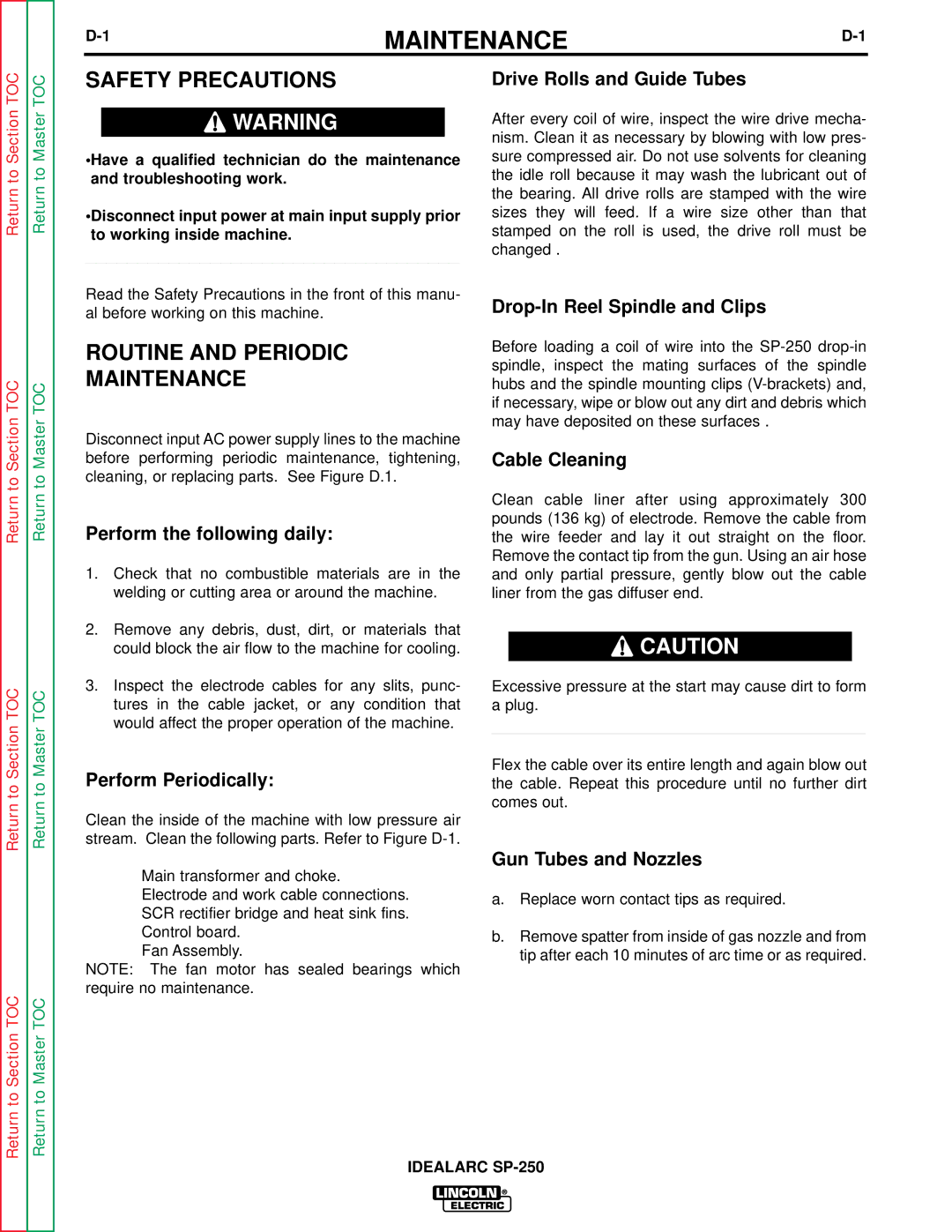 Lincoln Electric SP-250 service manual Routine and Periodic, Maintenance 