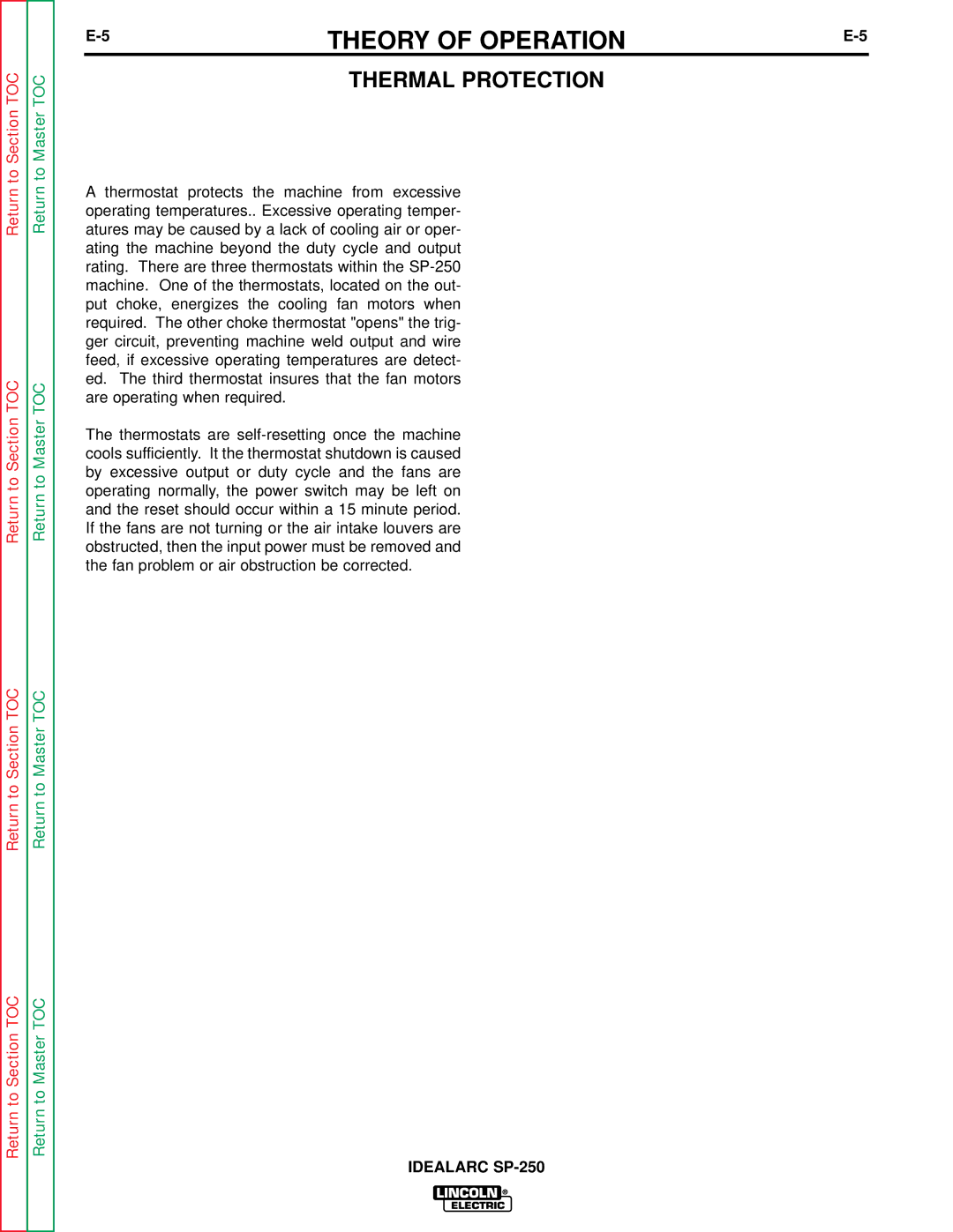 Lincoln Electric service manual Thermal Protection, Idealarc SP-250 