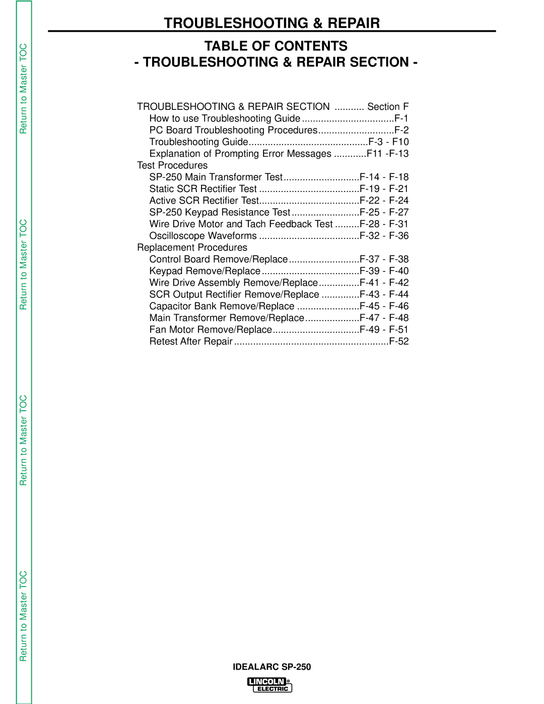 Lincoln Electric SP-250 service manual Troubleshooting & Repair 