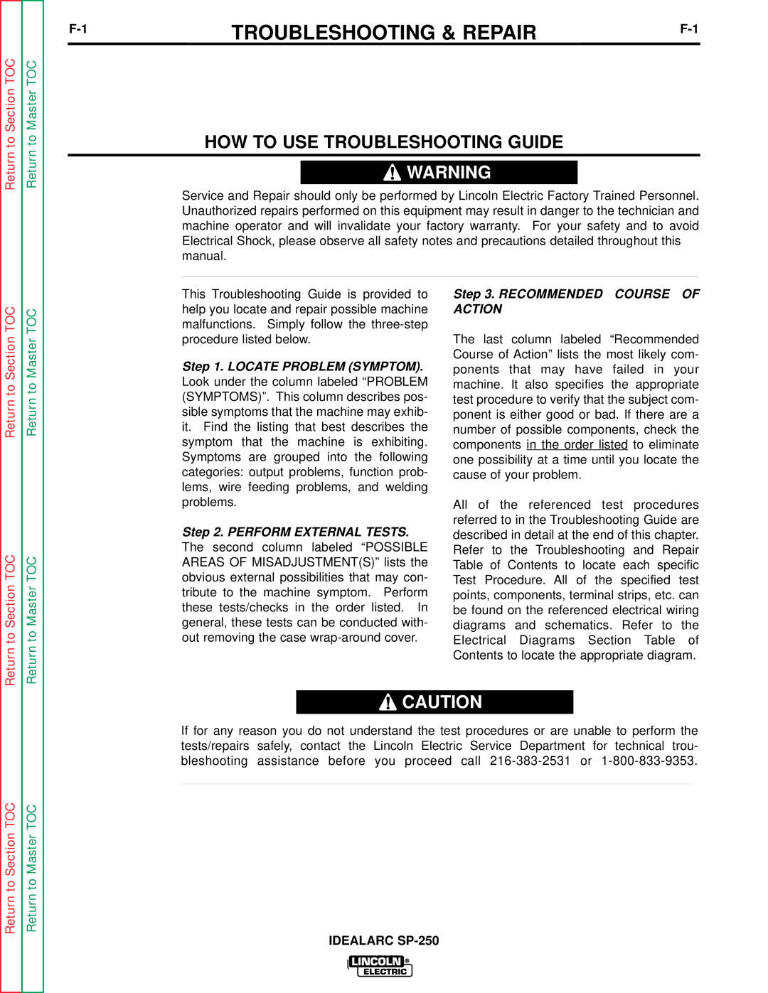 Lincoln Electric SP-250 service manual HOW to USE Troubleshooting Guide, Recommended Course of Action 